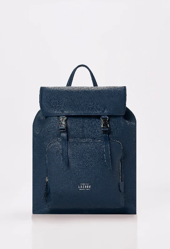 Blue Large Leather Backpack With Buckle Closure