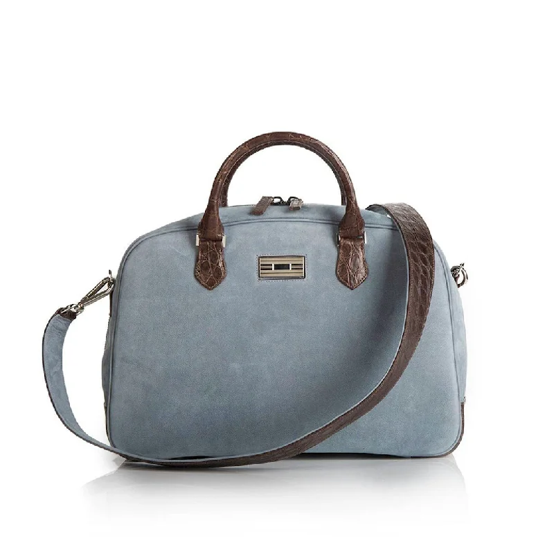 Newport Travel Satchel Bag, Denim Blue Suede & Brown Croc Weekender