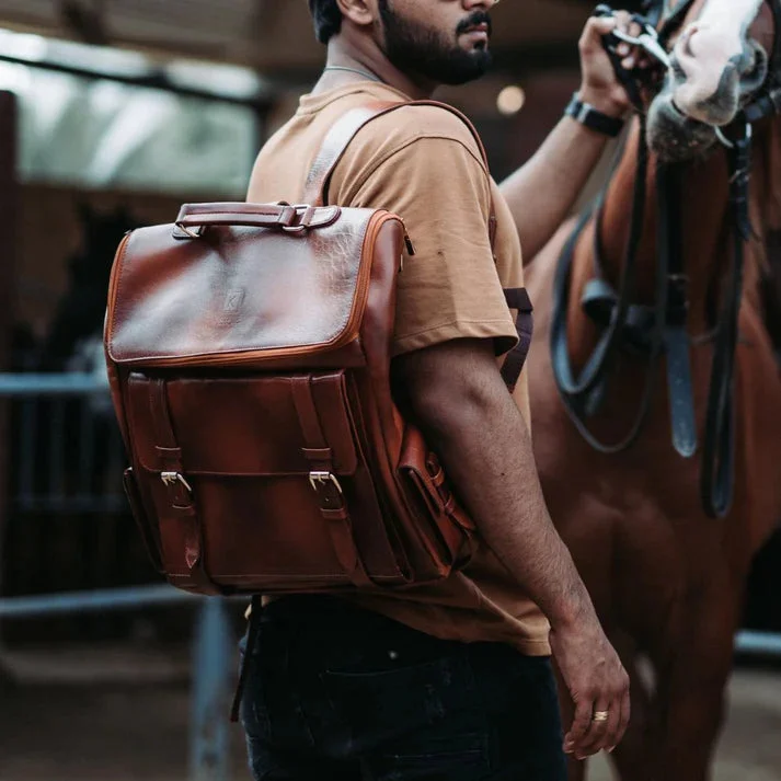 Legendary Fold-Over Brown Mens Leather Backpack